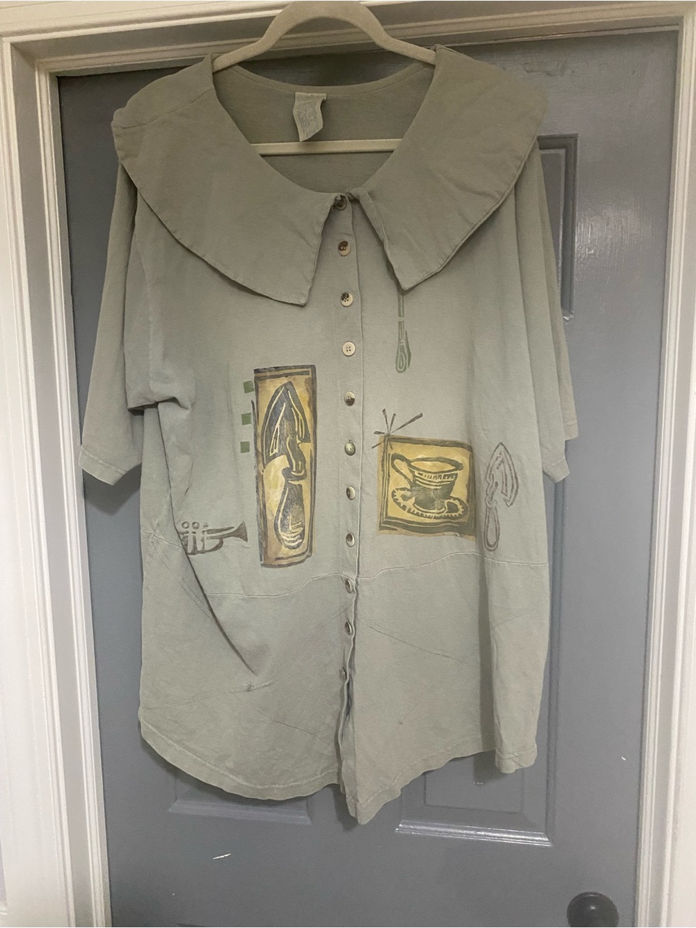 Blue Fish Pale Sage Cotton Shirt with Graphic Patch